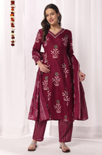 Wine Cotton Blend Floral Printed Kurta Set with Dupatta For Women