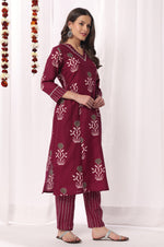 Wine Cotton Blend Floral Printed Kurta Set with Dupatta For Women