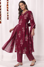 Wine Cotton Blend Floral Printed Kurta Set with Dupatta For Women