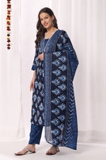 Blue Cotton Blend Floral Printed Kurta Set with Dupatta For Women