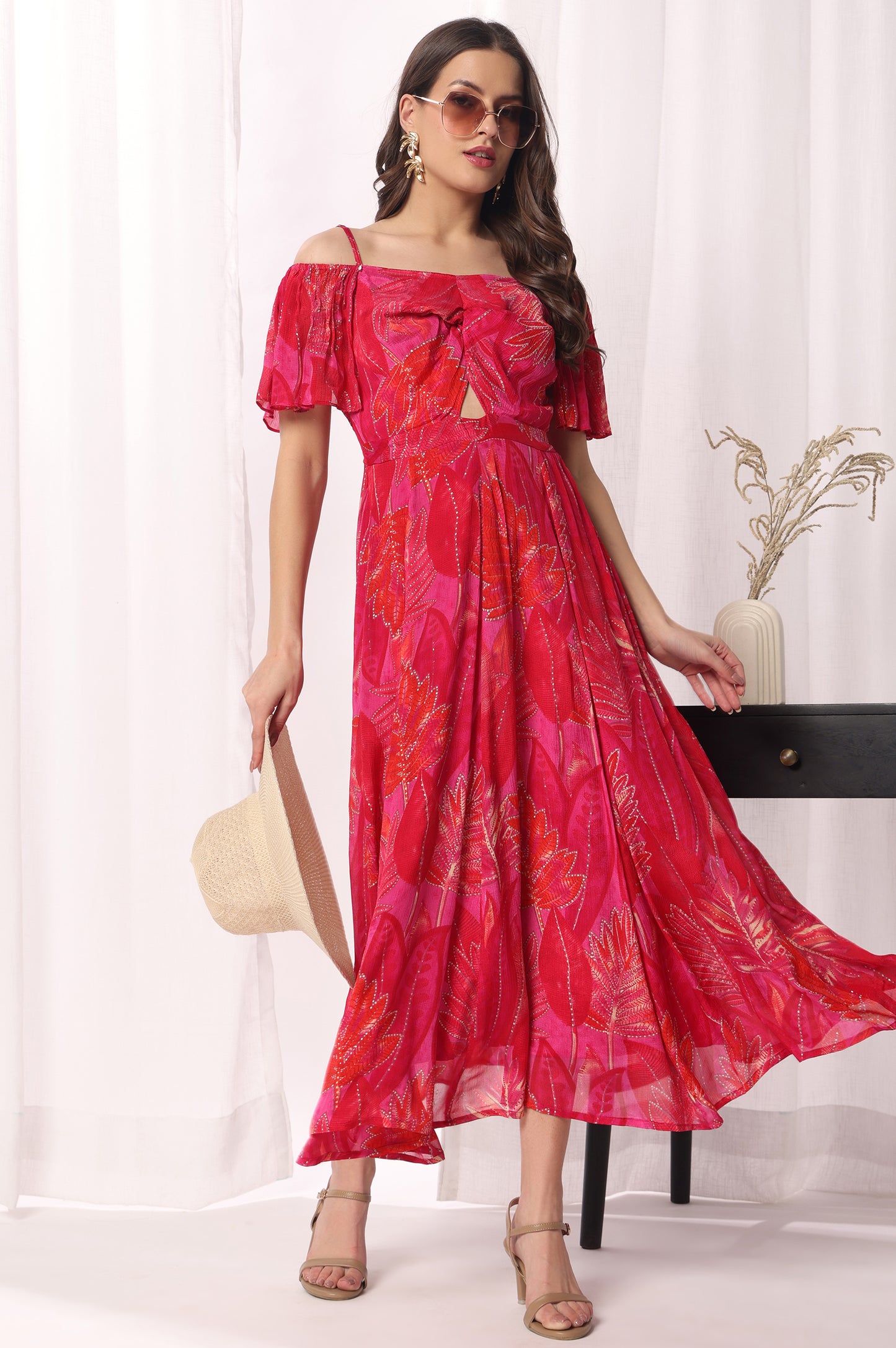Red viscose chinon Printed Flared Dress For Women