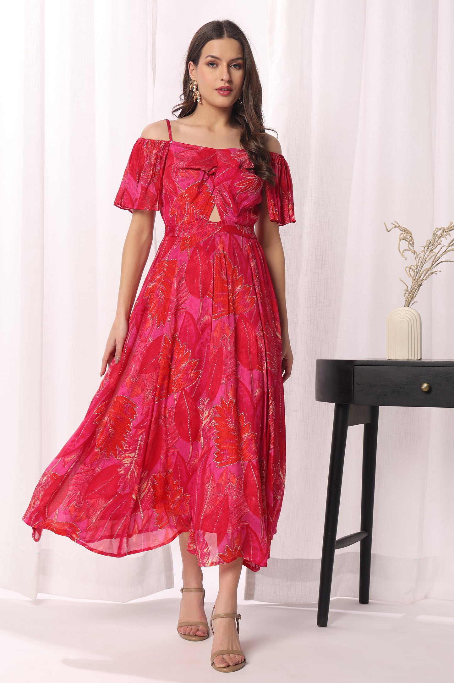 Red viscose chinon Printed Flared Dress For Women