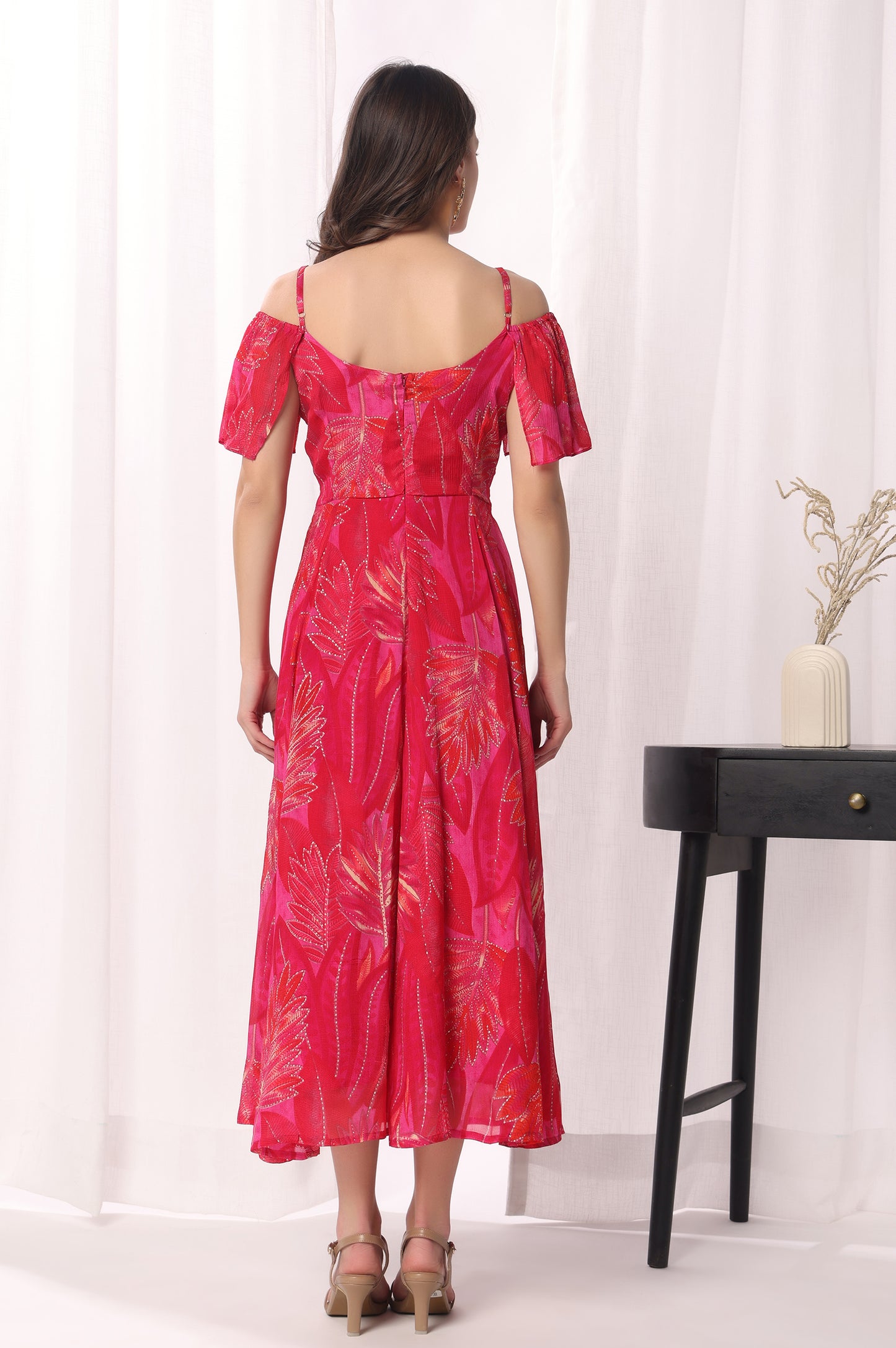 Red viscose chinon Printed Flared Dress For Women