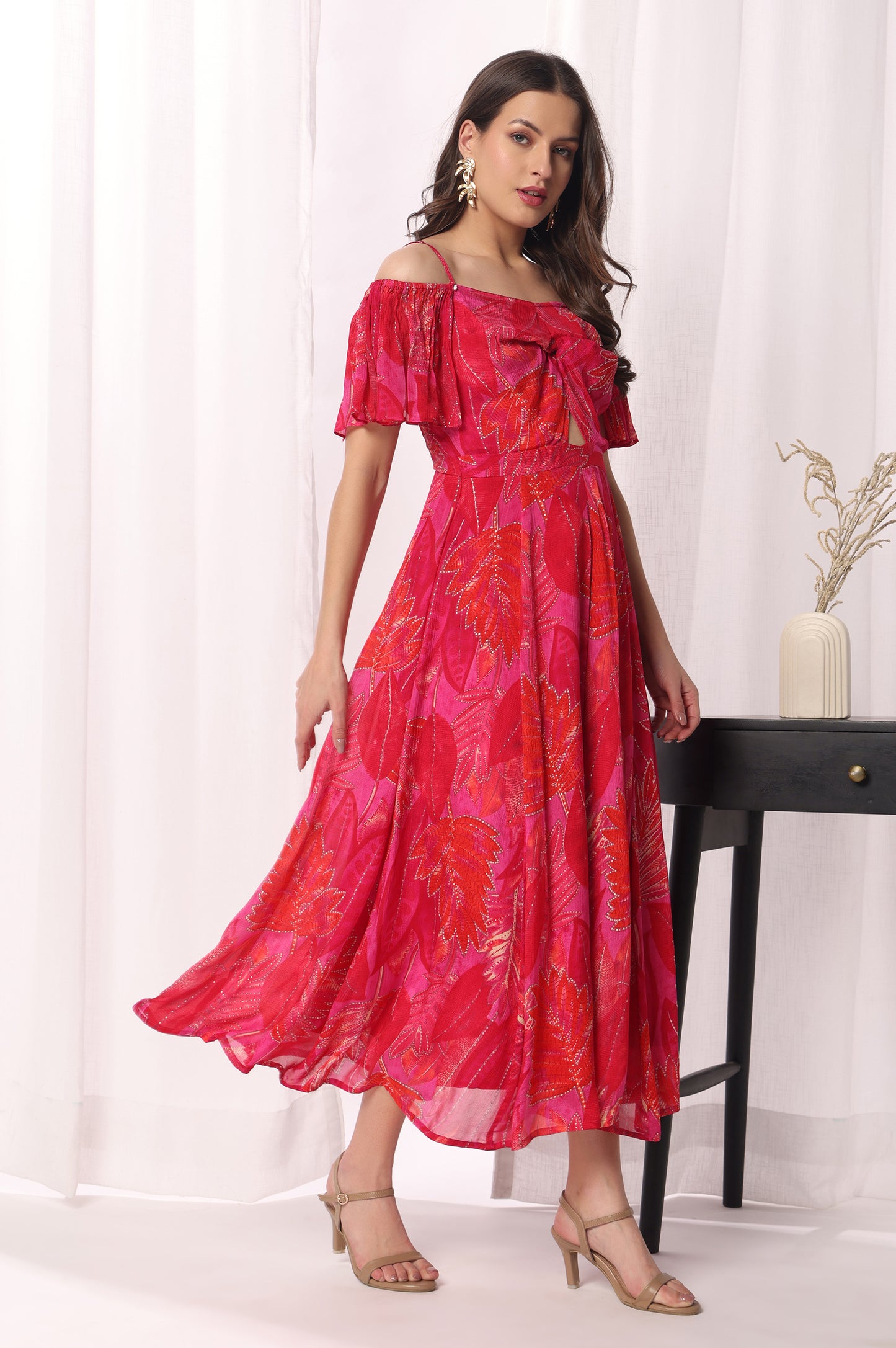 Red viscose chinon Printed Flared Dress For Women