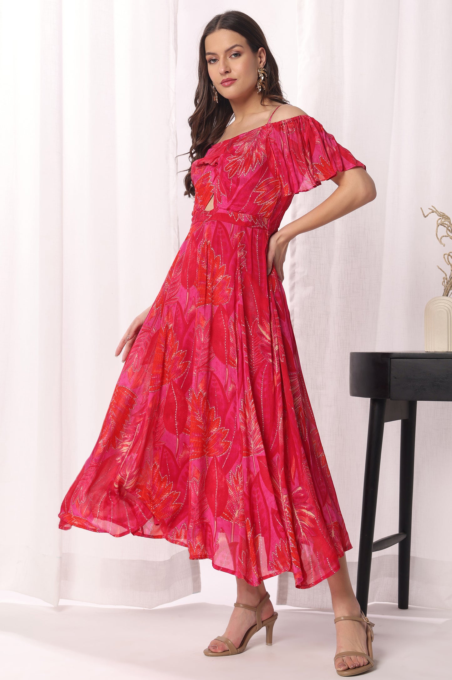 Red viscose chinon Printed Flared Dress For Women