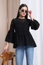 Black Mal Cotton schiffli Self Design Top