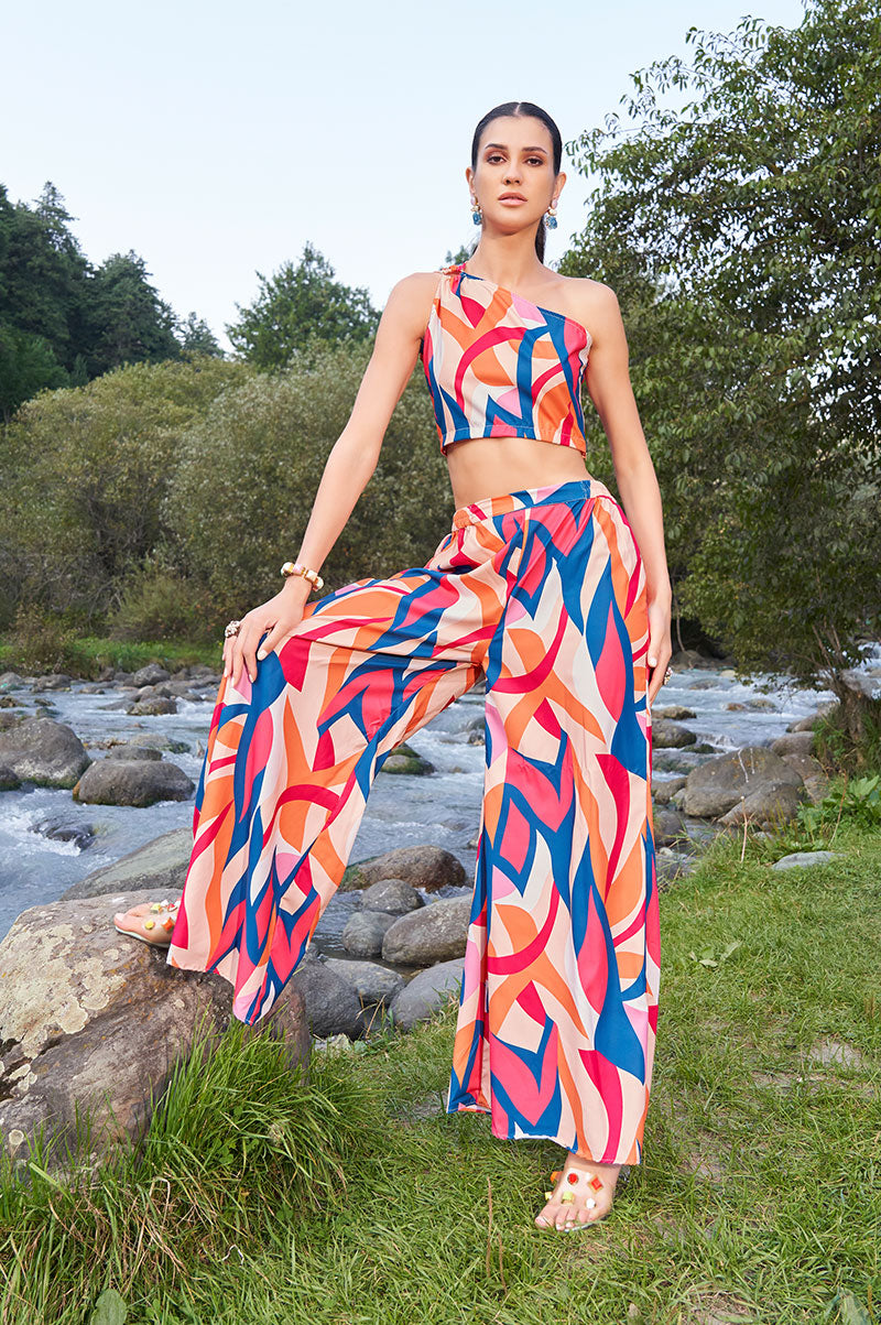 Printed One Shoulder Sleeveless Pure Cotton Top With Palazzo