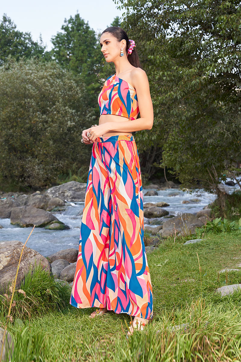 Printed One Shoulder Sleeveless Pure Cotton Top With Palazzo