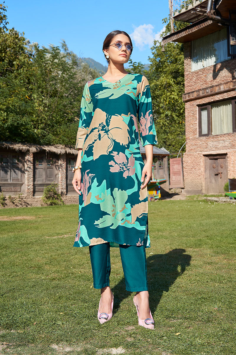 Turquoise Blue Floral Printed Pure Cotton Kurta With Trouser
