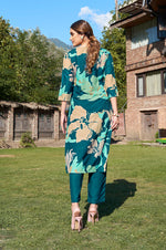 Turquoise Blue Floral Printed Pure Cotton Kurta With Trouser