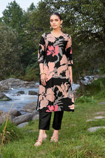 Black Floral Printed Pure Cotton Kurta With Trouser