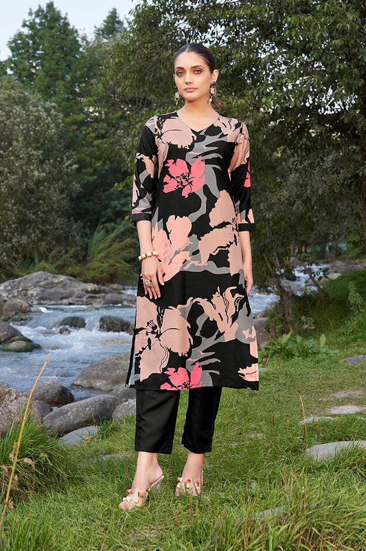 Black Floral Printed Pure Cotton Kurta With Trouser