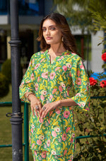 Green Pure Cotton Floral Printed V-Neck Co-Ord Set