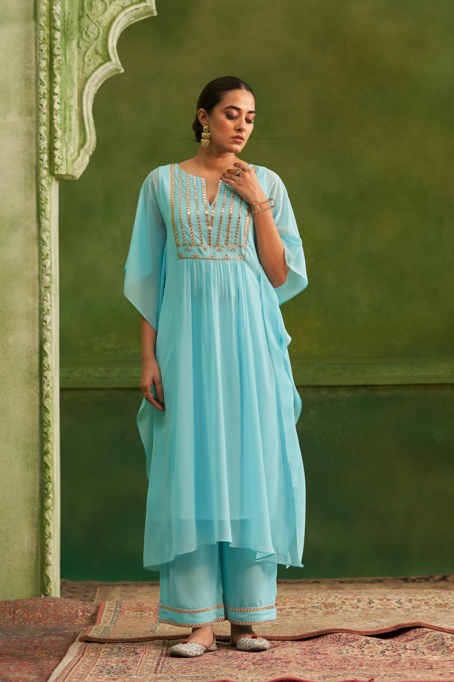 Sky Blue Embroidered Regular Mirror Work Kaftan