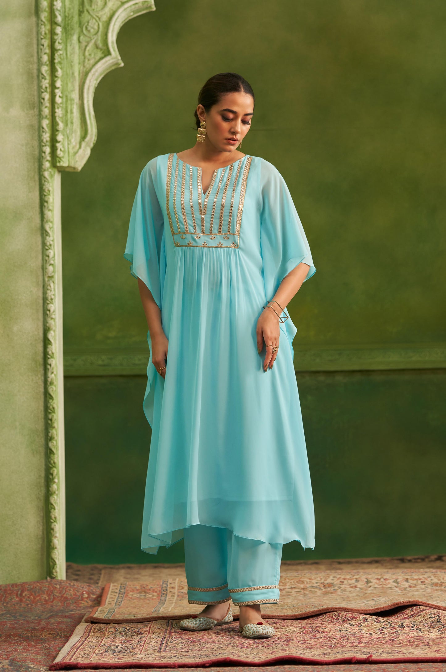 Sky Blue Embroidered Regular Mirror Work Kaftan