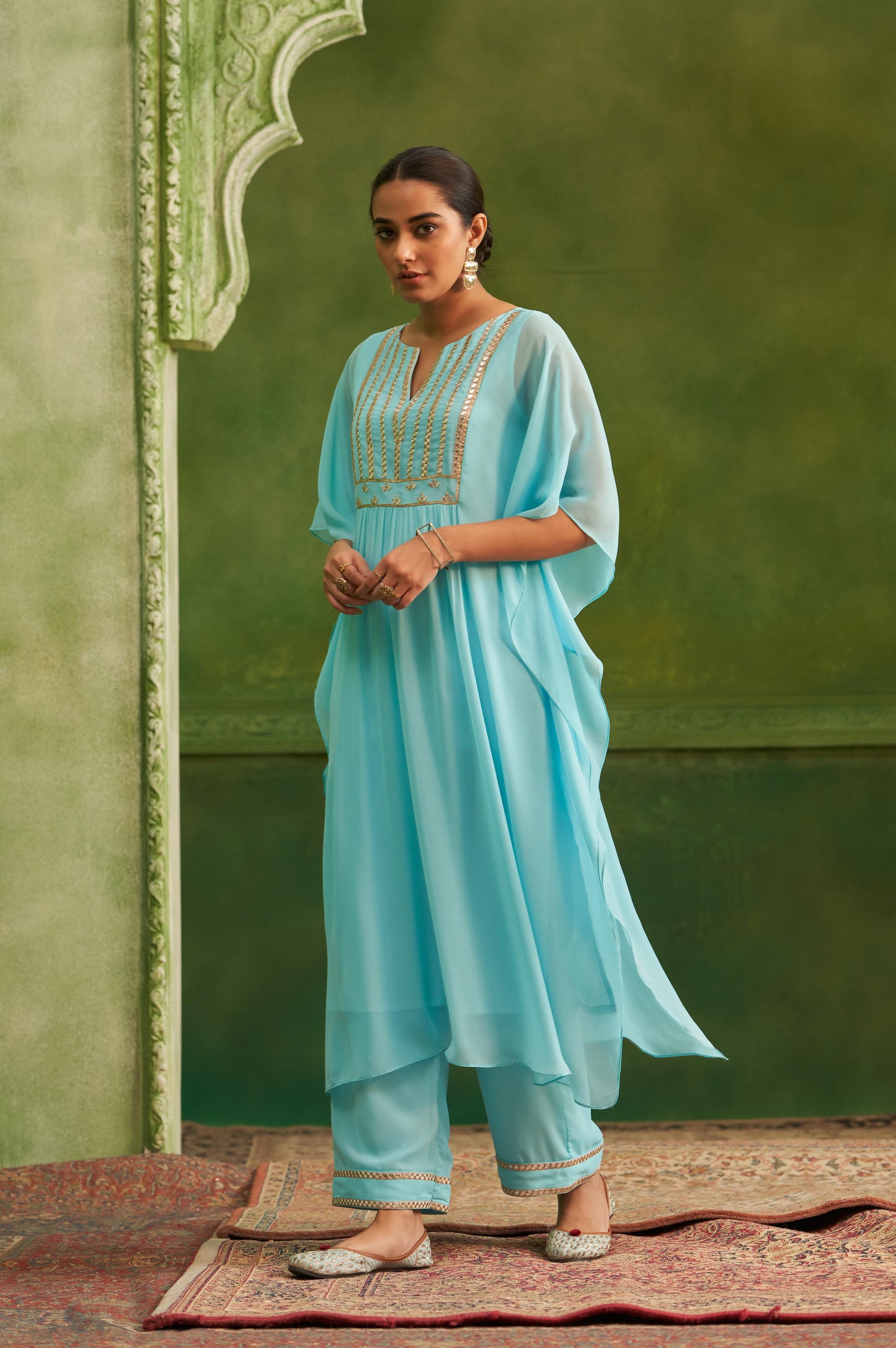 Sky Blue Embroidered Regular Mirror Work Kaftan