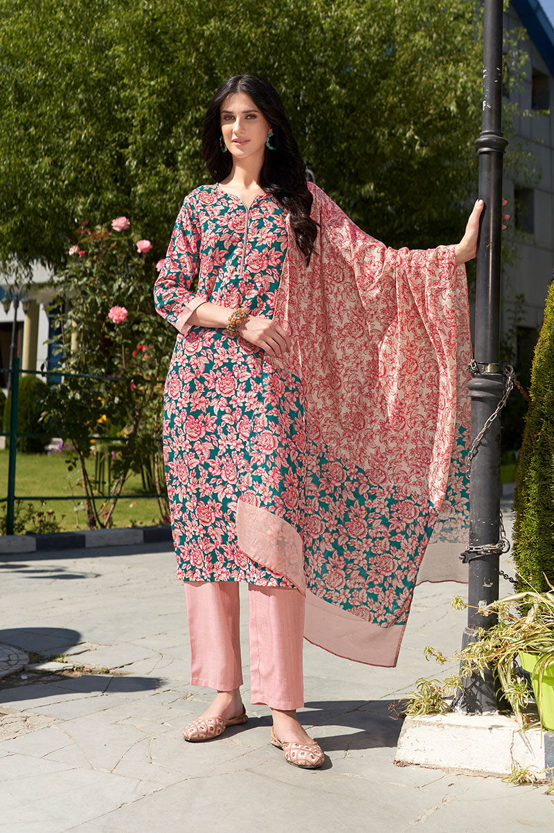Pink Blue Cotton Blend Floral Printed Kurta Set with Dupatta For Women
