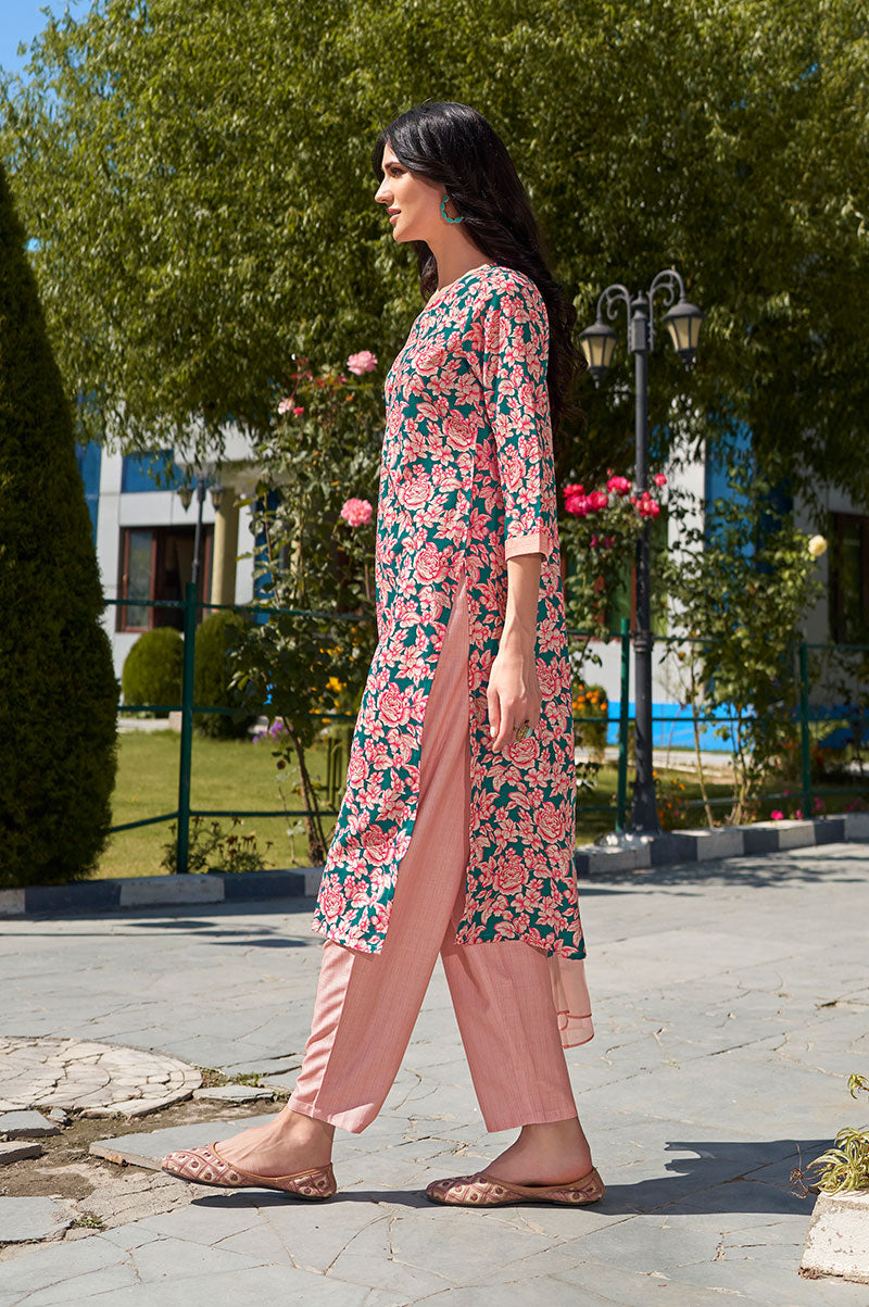 Pink Blue Cotton Blend Floral Printed Kurta Set with Dupatta For Women