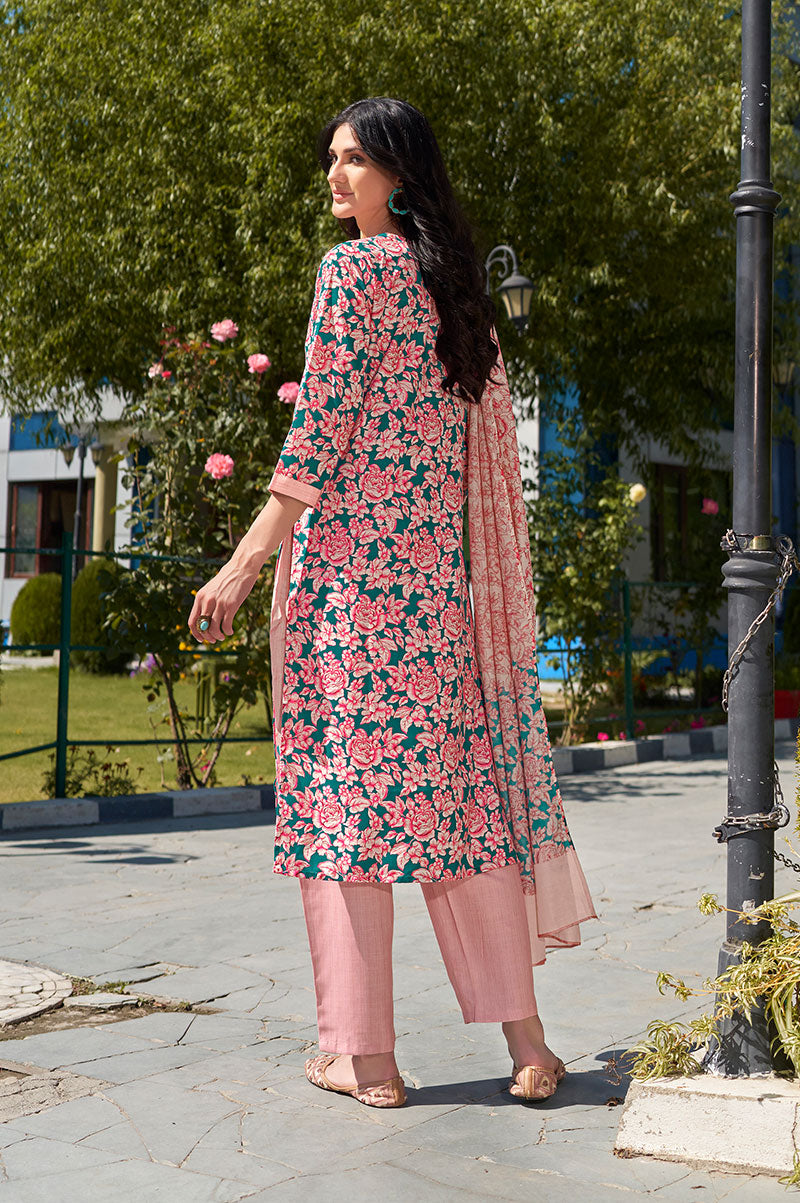 Pink Blue Cotton Blend Floral Printed Kurta Set with Dupatta For Women