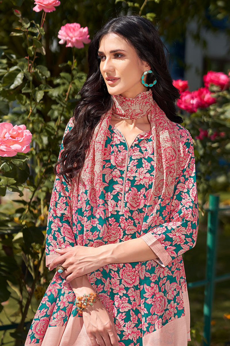 Pink Blue Cotton Blend Floral Printed Kurta Set with Dupatta For Women