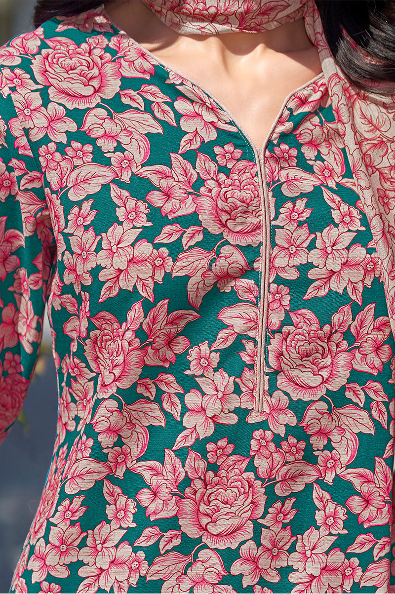 Pink Blue Cotton Blend Floral Printed Kurta Set with Dupatta For Women