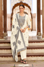 White Pure Cotton Jacquard Straight Kurta With Trousers And Dupatta