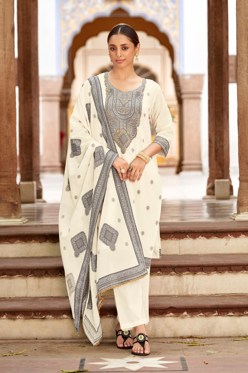 White Pure Cotton Jacquard Straight Kurta With Trousers And Dupatta