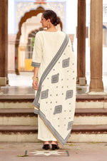White Pure Cotton Jacquard Straight Kurta With Trousers And Dupatta