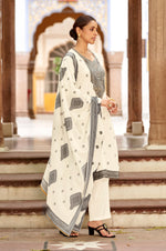 White Pure Cotton Jacquard Straight Kurta With Trousers And Dupatta