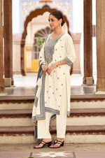 White Pure Cotton Jacquard Straight Kurta With Trousers And Dupatta