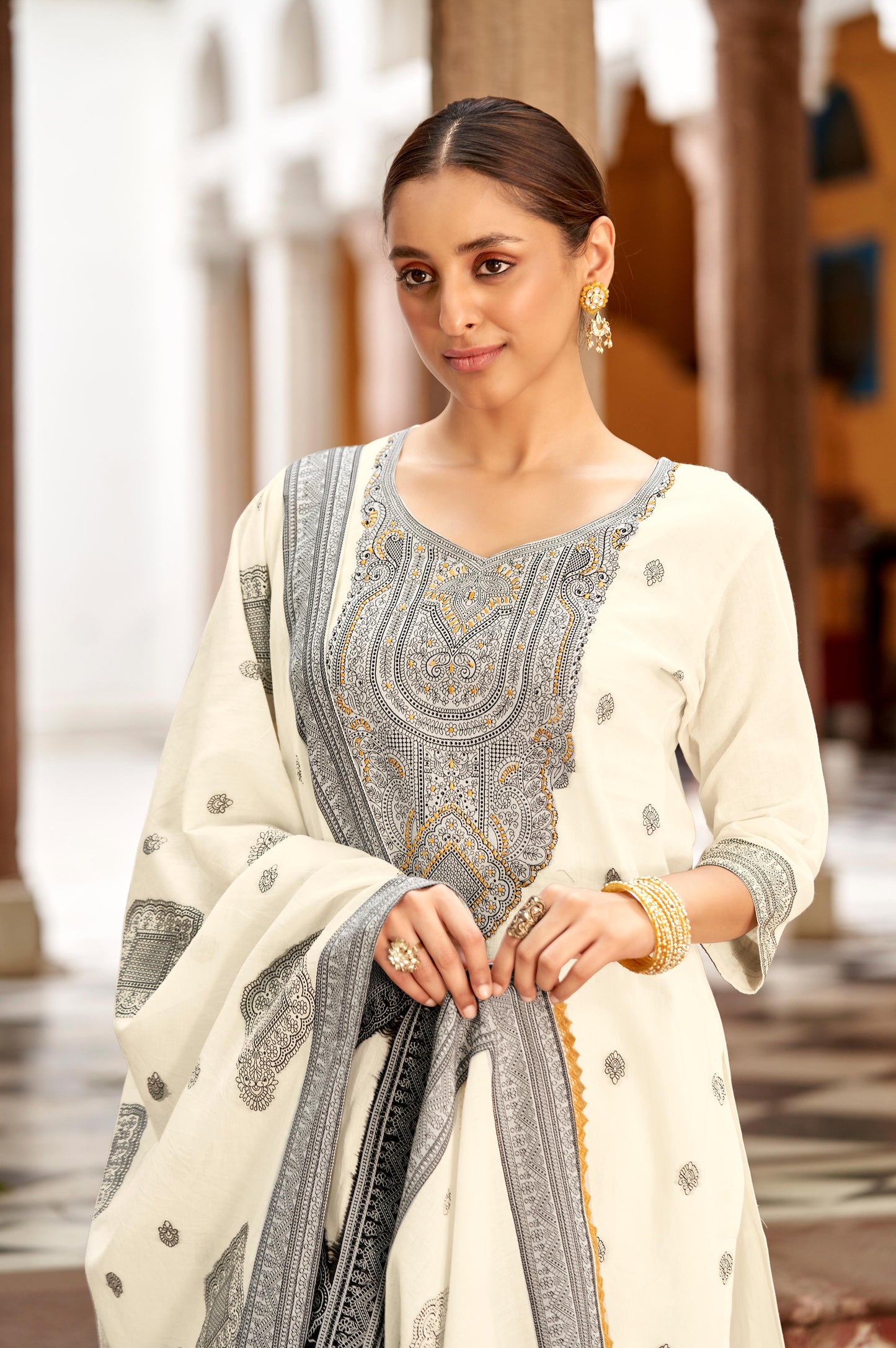 White Pure Cotton Jacquard Straight Kurta With Trousers And Dupatta