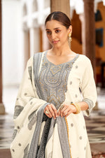White Pure Cotton Jacquard Straight Kurta With Trousers And Dupatta