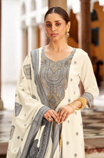 White Pure Cotton Jacquard Straight Kurta With Trousers And Dupatta