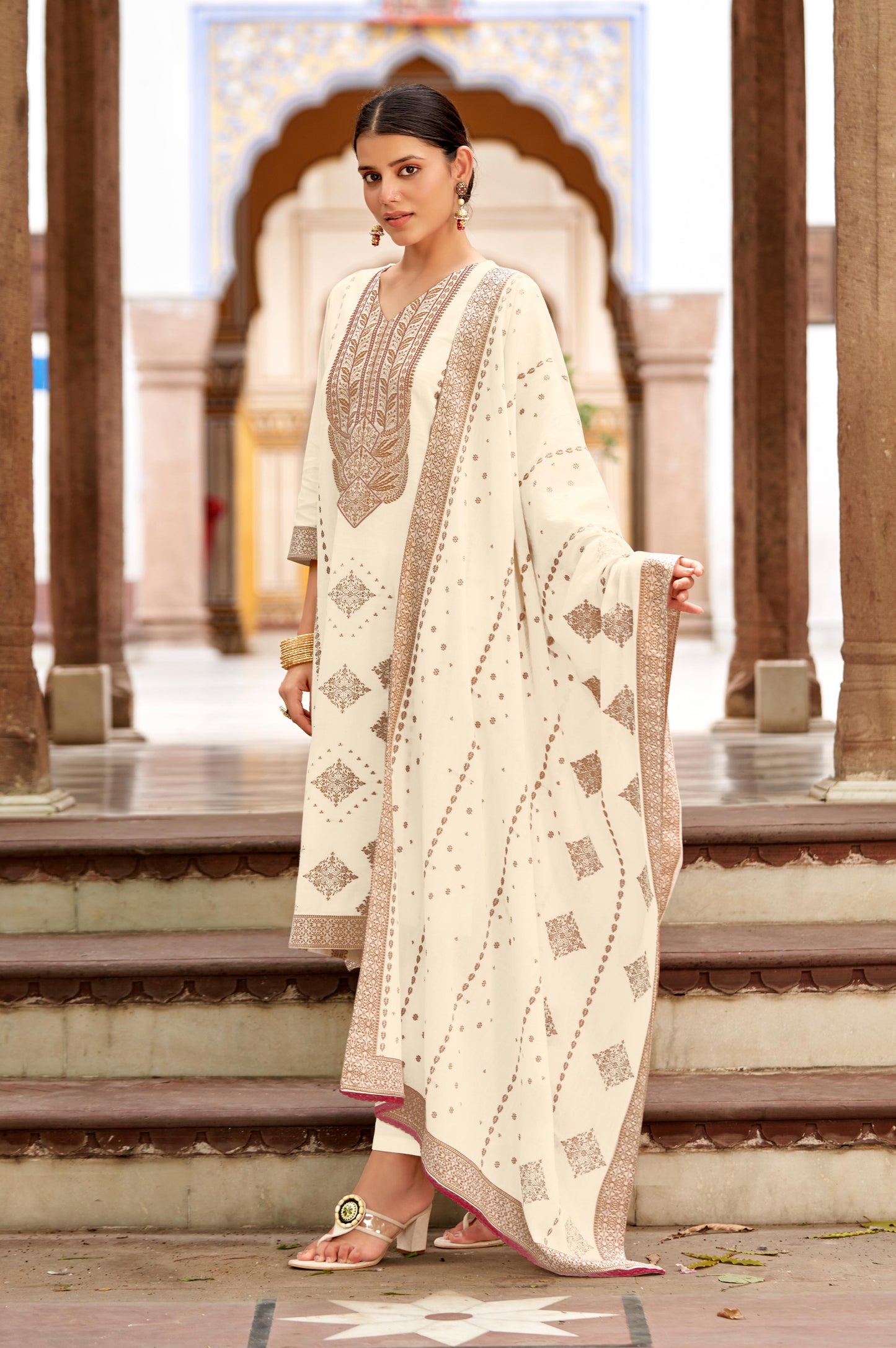 White Pure Cotton Jacquard Straight Kurta Set With Dupatta