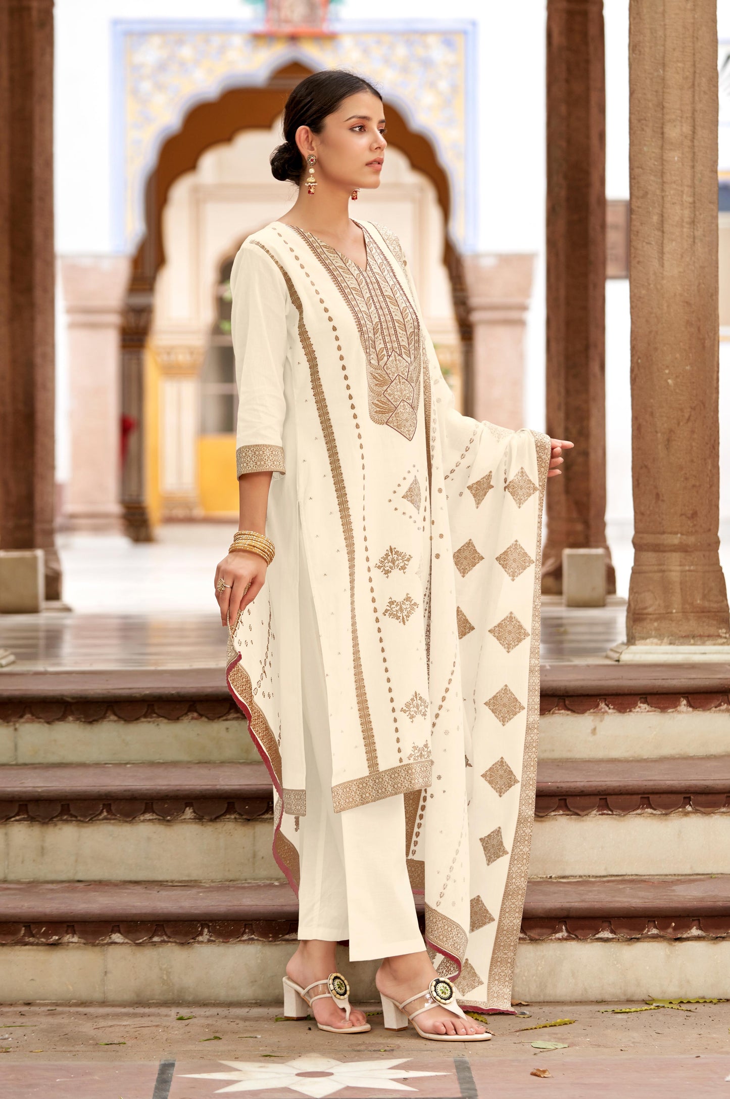 White Pure Cotton Jacquard Straight Kurta Set With Dupatta