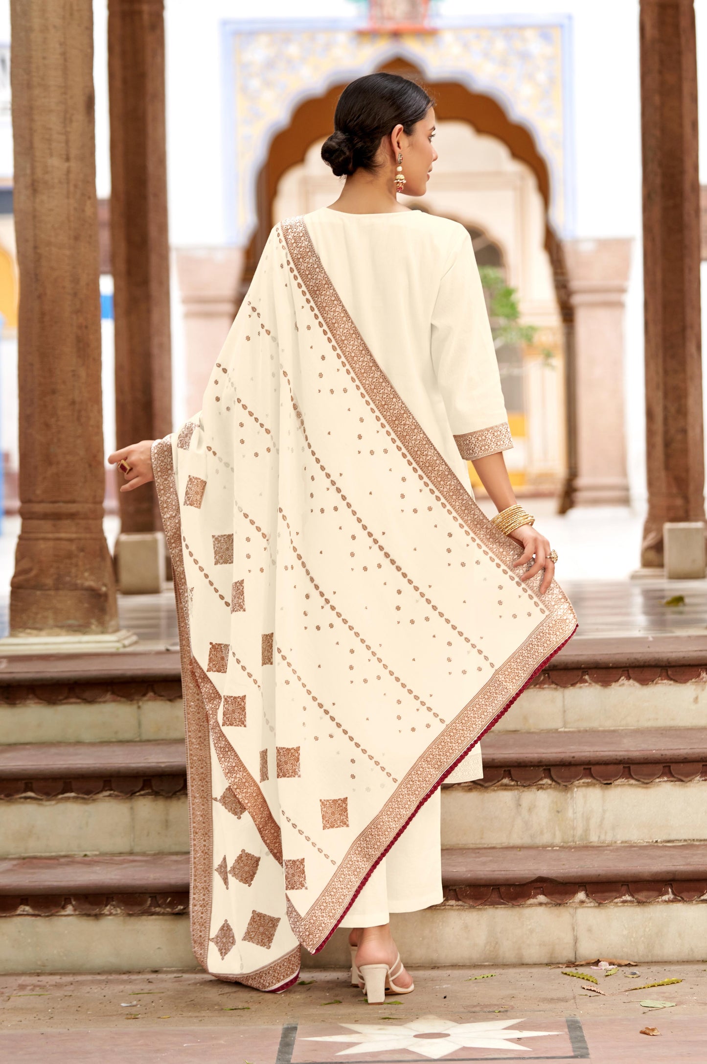 White Pure Cotton Jacquard Straight Kurta Set With Dupatta