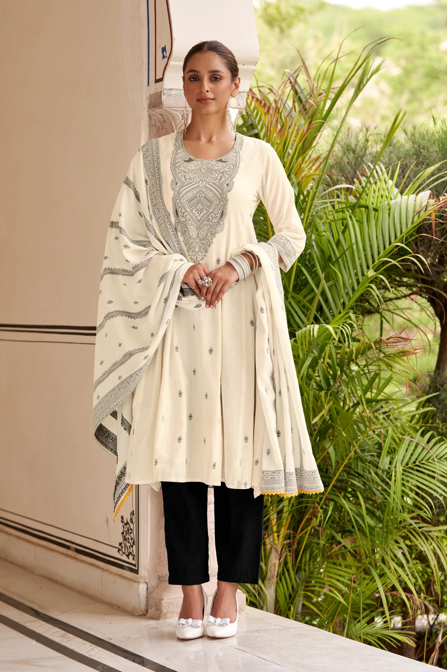 White Pure Cotton Jacquard Anarkali Kurta with Pyjamas & Dupatta