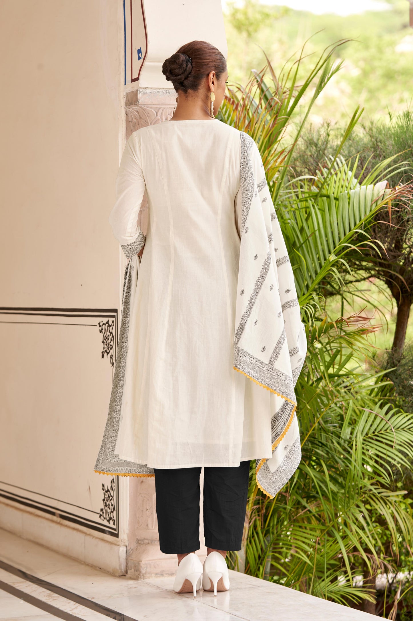 White Pure Cotton Jacquard Anarkali Kurta with Pyjamas & Dupatta