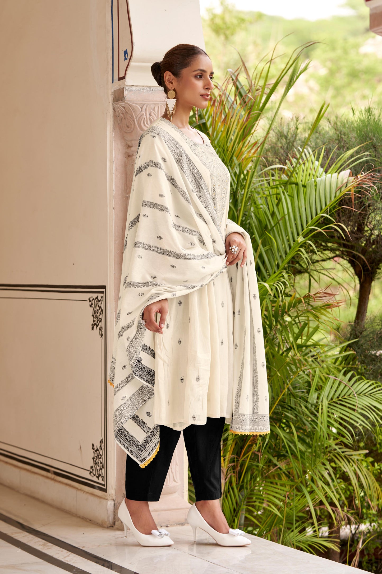 White Pure Cotton Jacquard Anarkali Kurta with Pyjamas & Dupatta