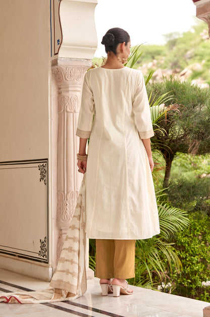 White Pure Cotton Jacquard Anarkali Kurta with Pyjamas & Dupatta
