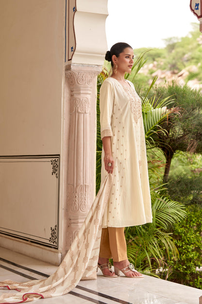 White Pure Cotton Jacquard Anarkali Kurta with Pyjamas & Dupatta