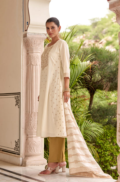 White Pure Cotton Jacquard Anarkali Kurta with Pyjamas & Dupatta