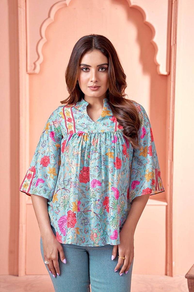 Blue Lotus Print Peplum Muslin Top
