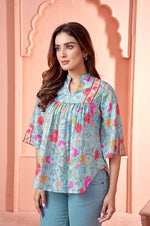 Blue Lotus Print Peplum Muslin Top