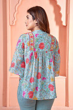 Blue Lotus Print Peplum Muslin Top