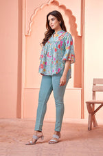 Blue Lotus Print Peplum Muslin Top