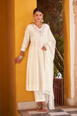 White Ethnic Motifs Embroidered Mirror Work Anarkali Kurti with Pyjamas & Dupatt