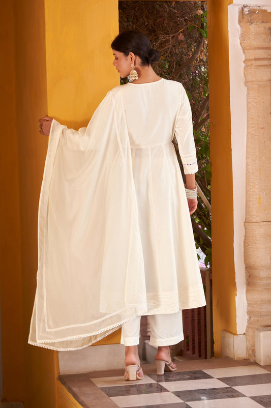 White Ethnic Motifs Embroidered Mirror Work Anarkali Kurti with Pyjamas & Dupatt