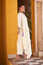 White Ethnic Motifs Embroidered Mirror Work Anarkali Kurti with Pyjamas & Dupatt