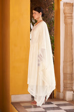 White Ethnic Motifs Embroidered Mirror Work Anarkali Kurti with Pyjamas & Dupatt